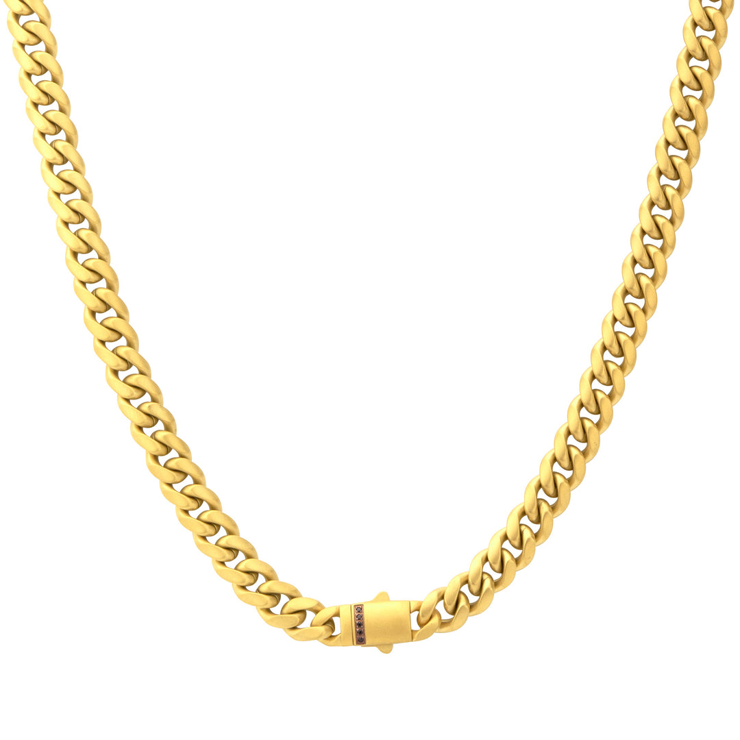 8mm 18Kt Gold IP Steel Matte Finish Miami Cuban Chain Necklace Genuine Black Sapphire