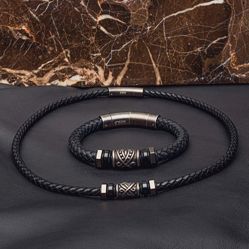 Black Full Grain Cowhide Leather Braided Necklace