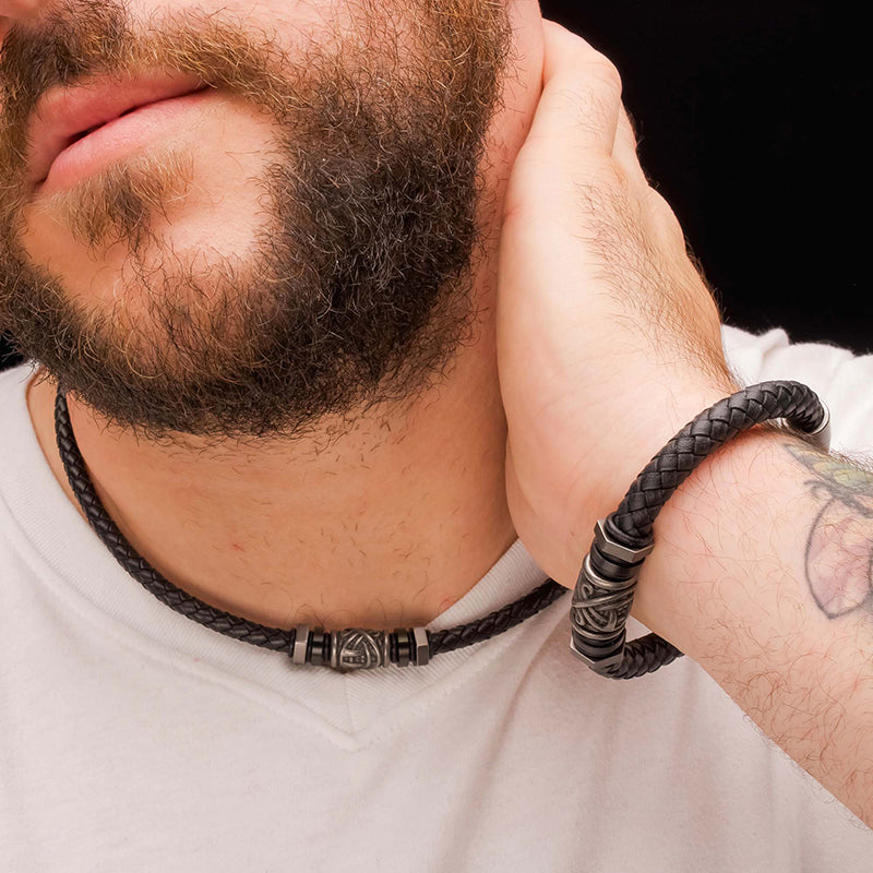 Black Full Grain Cowhide Leather Braided Necklace