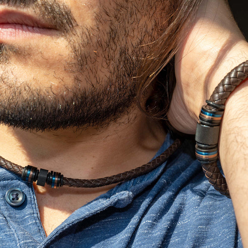 Brown Full Grain Cowhide Leather Braided Necklace