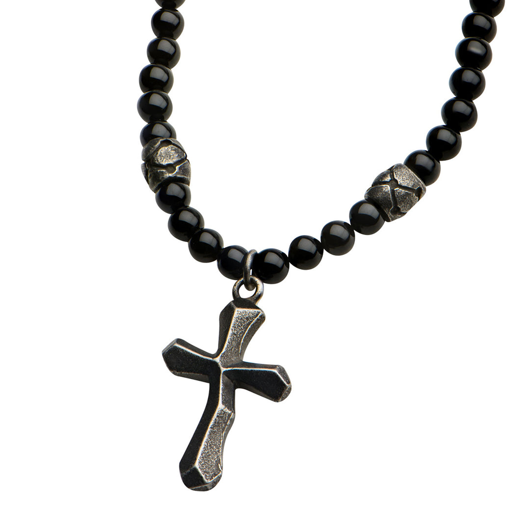 Black Onyx Beads with Steel Cross Pendant Necklace