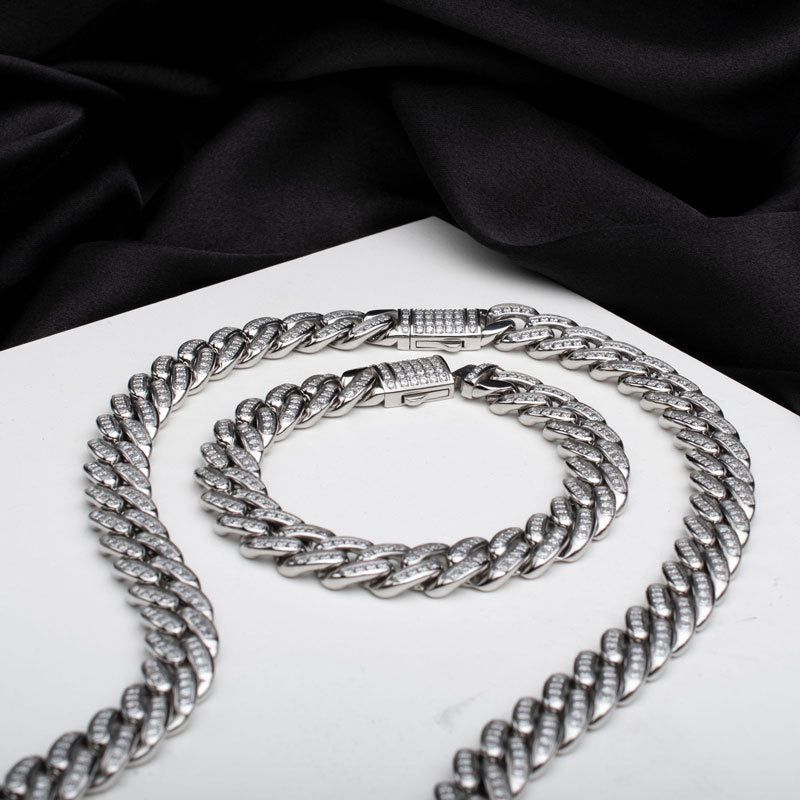 12mm Steel Miami Cuban Chain Necklace with CNC Precision Set Full Clear Cubic Zirconia Double Tab Box Clasp