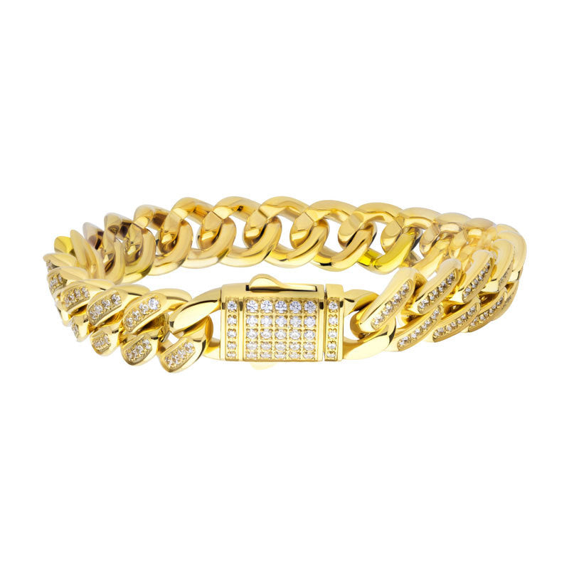 12mm 18Kt Gold IP Miami Cuban Chain Bracelet with CNC Precision Set Full Clear Cubic Zirconia Double Tab Box Clasp