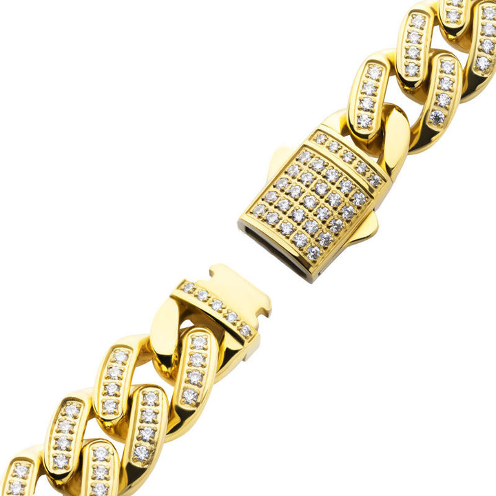 12mm 18Kt Gold IP Miami Cuban Chain Bracelet with CNC Precision Set Full Clear Cubic Zirconia Double Tab Box Clasp