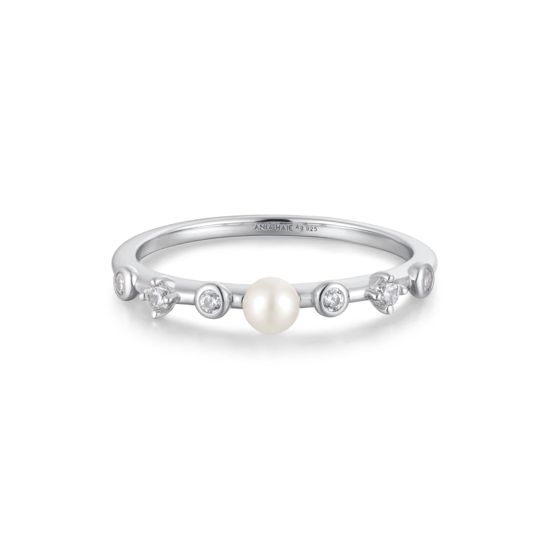 Silver Freshwater Pearl and White Cubic Zirconia Bezel Set Ring