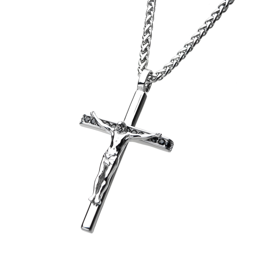 Stainless Steel CNC Set Genuine Black Sapphire Gem Jesus Christ Crucifix Cross Pendant