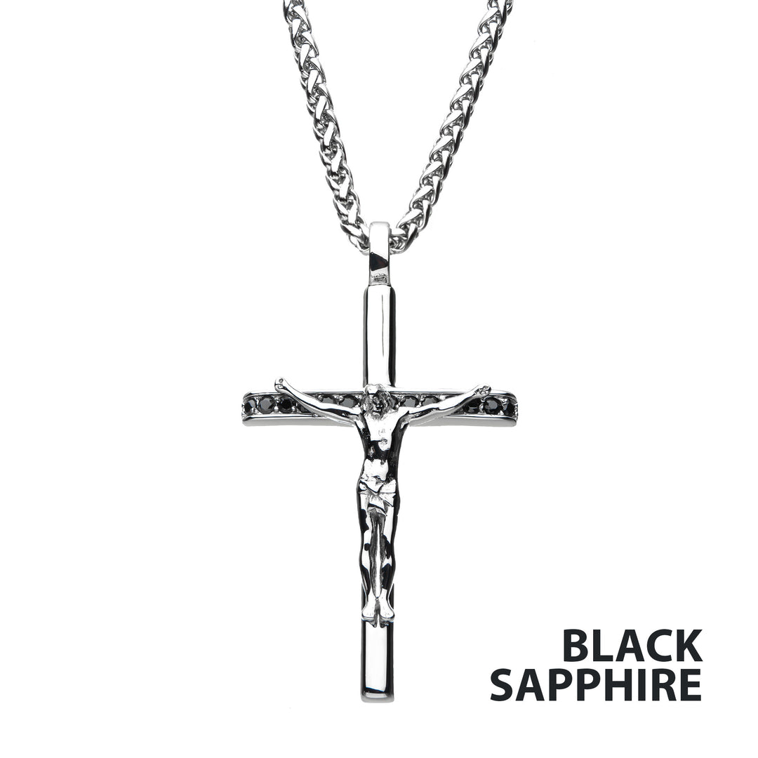 Stainless Steel CNC Set Genuine Black Sapphire Gem Jesus Christ Crucifix Cross Pendant