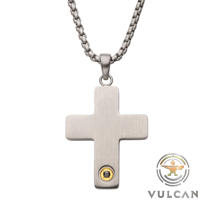 1.6mm Genuine Black Sapphire Gem on Matte Finish Steel Engravable Compact Cross Vulcan Pendant