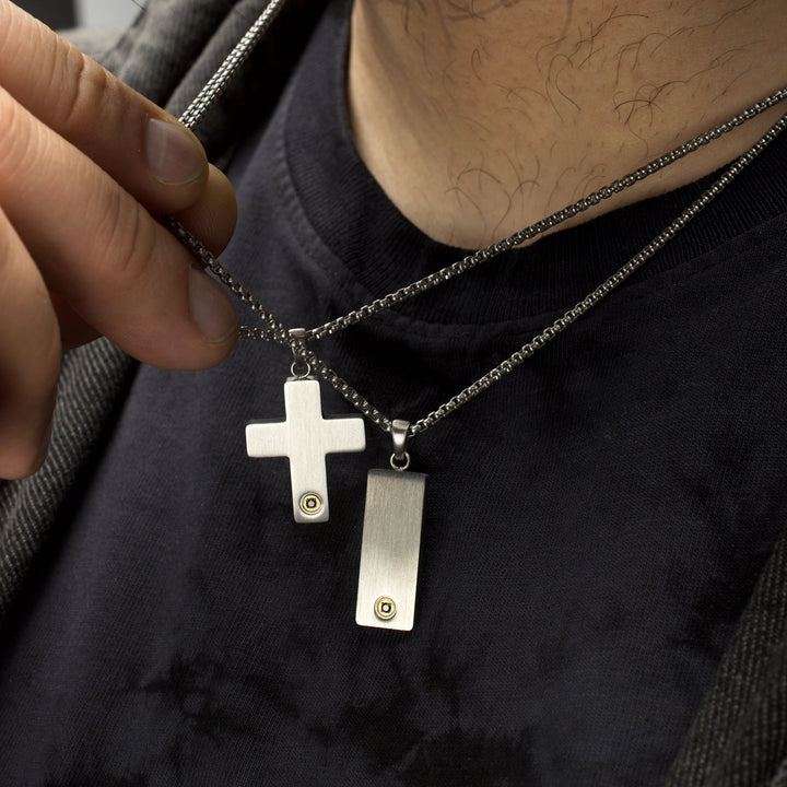 1.6mm Genuine Black Sapphire Gem on Matte Finish Steel Engravable Compact Cross Vulcan Pendant