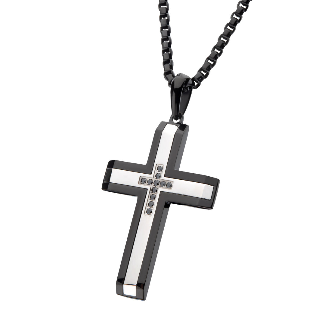 Black IP Steel Genuine Black Sapphire Gem Cross Pendant with Box Chain