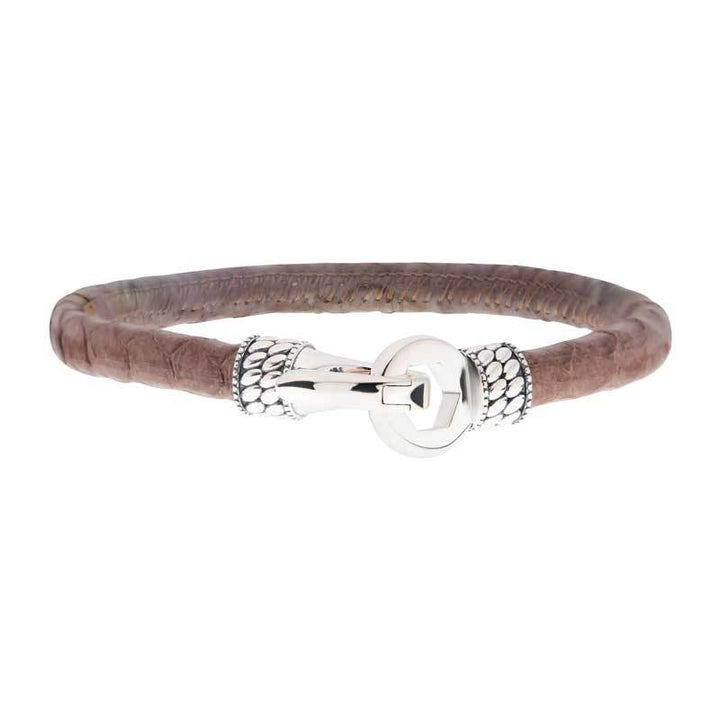 Light Tan Soft Python Snake Leather Bracelet with Hinged Polished Finish 925 Sterling Silver Clasp