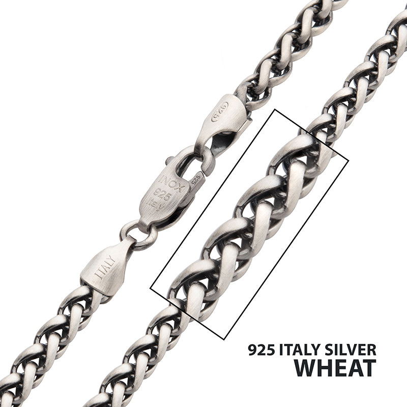 4mm 925 Italy Silver Black Rhodium Plated Brushed Satin Finish Wheat Chain Necklace