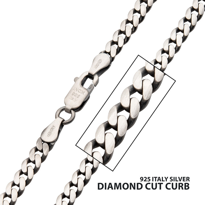 4.4mm 925 Italy Silver Black Rhodium Plated Brushed Satin Finish Diamond Cut Curb Chain Necklace