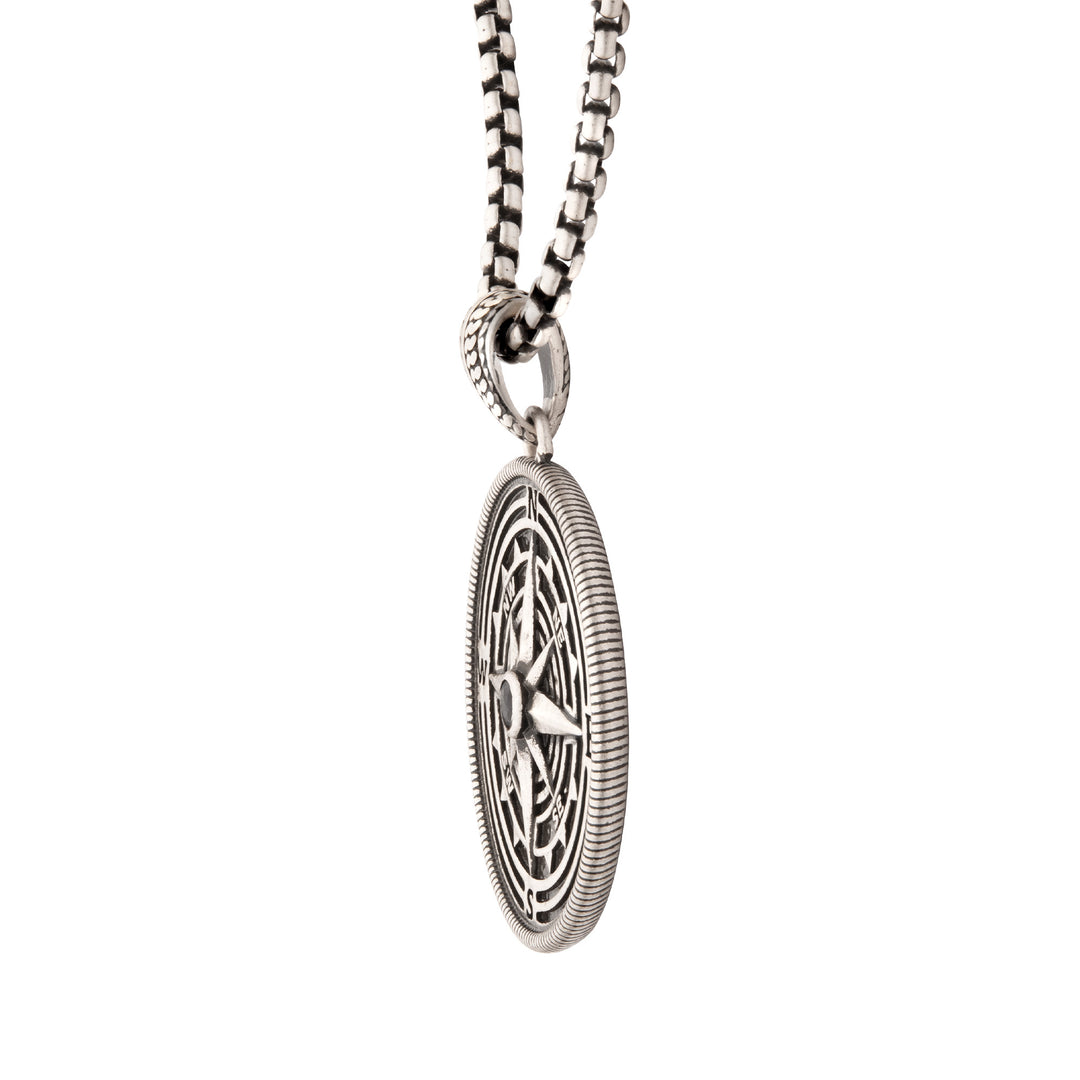 925 Sterling Silver Magellan Compass Pendant with Faceted Black Spinel