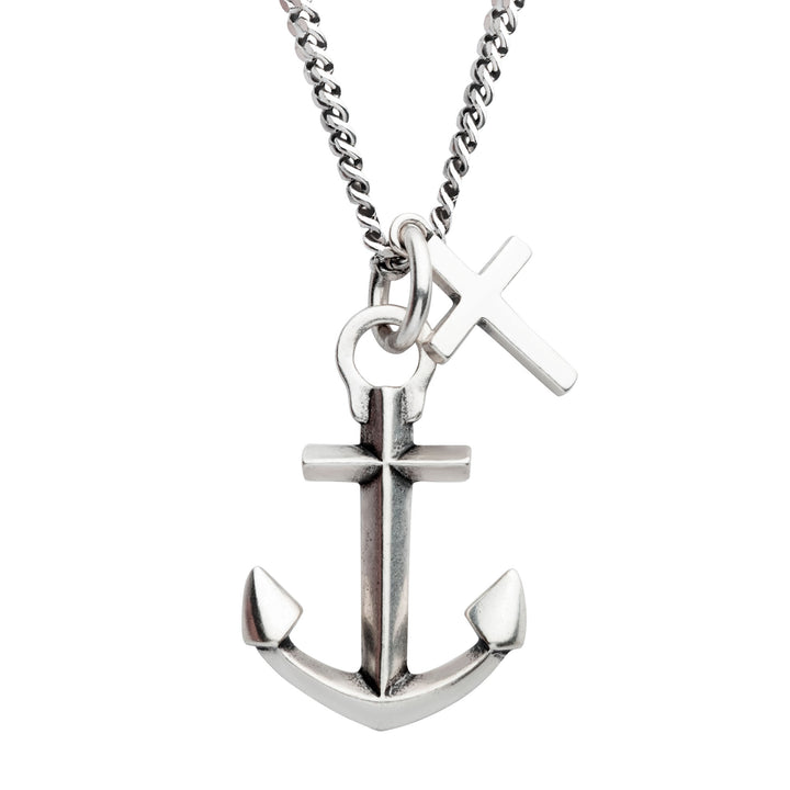 925 Silver Oxidized Anchor & Cross Duo Pendant with Chain