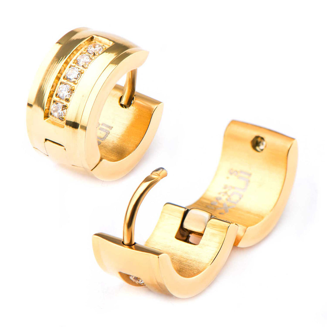 Stainless Steel Gold IP with 5 Clear CZ Gem Huggies Earrings