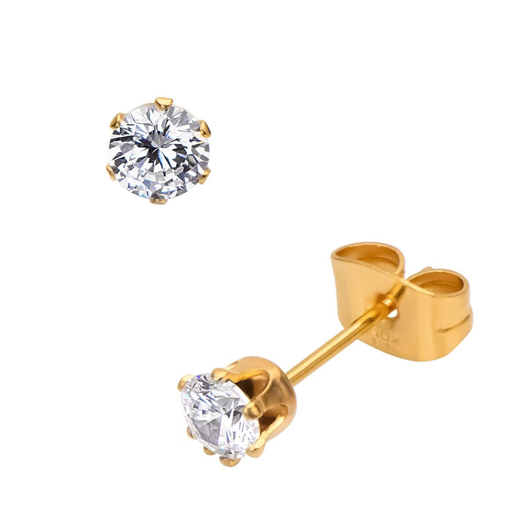 Gold IP Steel with Clear CZ Stud Earrings (Unisex)