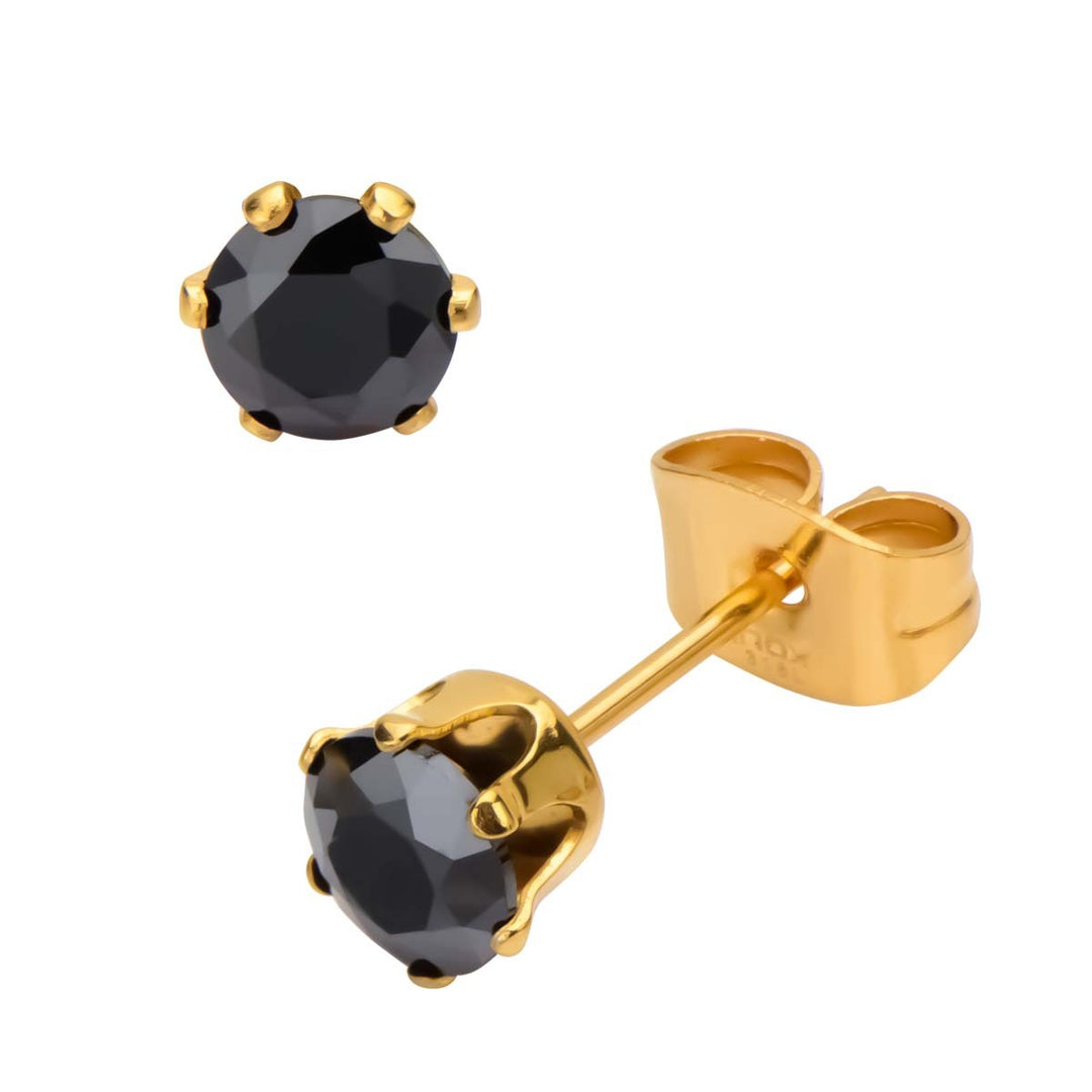 Gold IP Steel with Black CZ Stud Earrings (Unisex)