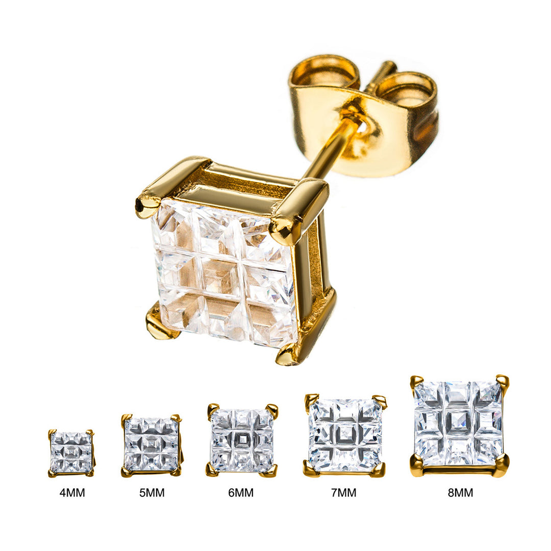 Stainless Steel & Gold IP with Hashtag CZ Square Cut Stud Earrings