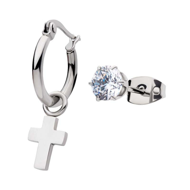 Steel Dangling Cross Hoop & Prong Set CZ Stud Mismatched Earrings