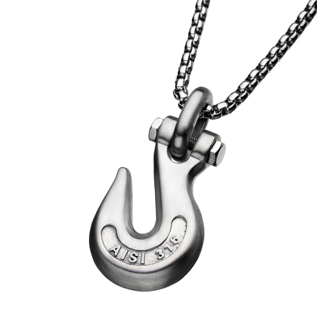 Matte Steel Clevis Grab Hook Pendant with Steel Bold Box Chain