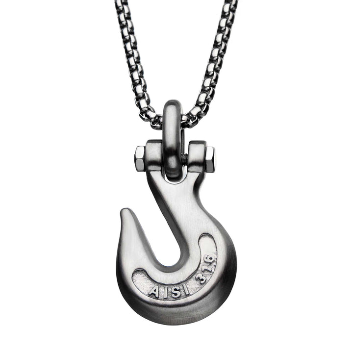 Matte Steel Clevis Grab Hook Pendant with Steel Bold Box Chain