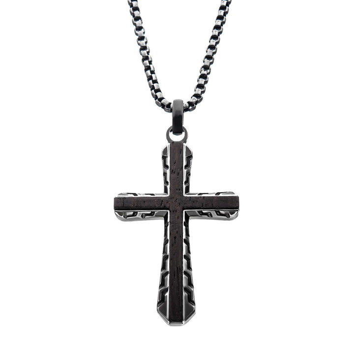 Antique Gun Metal Sepulchre Genuine Ebony Wood Inlayed Cross Pendant