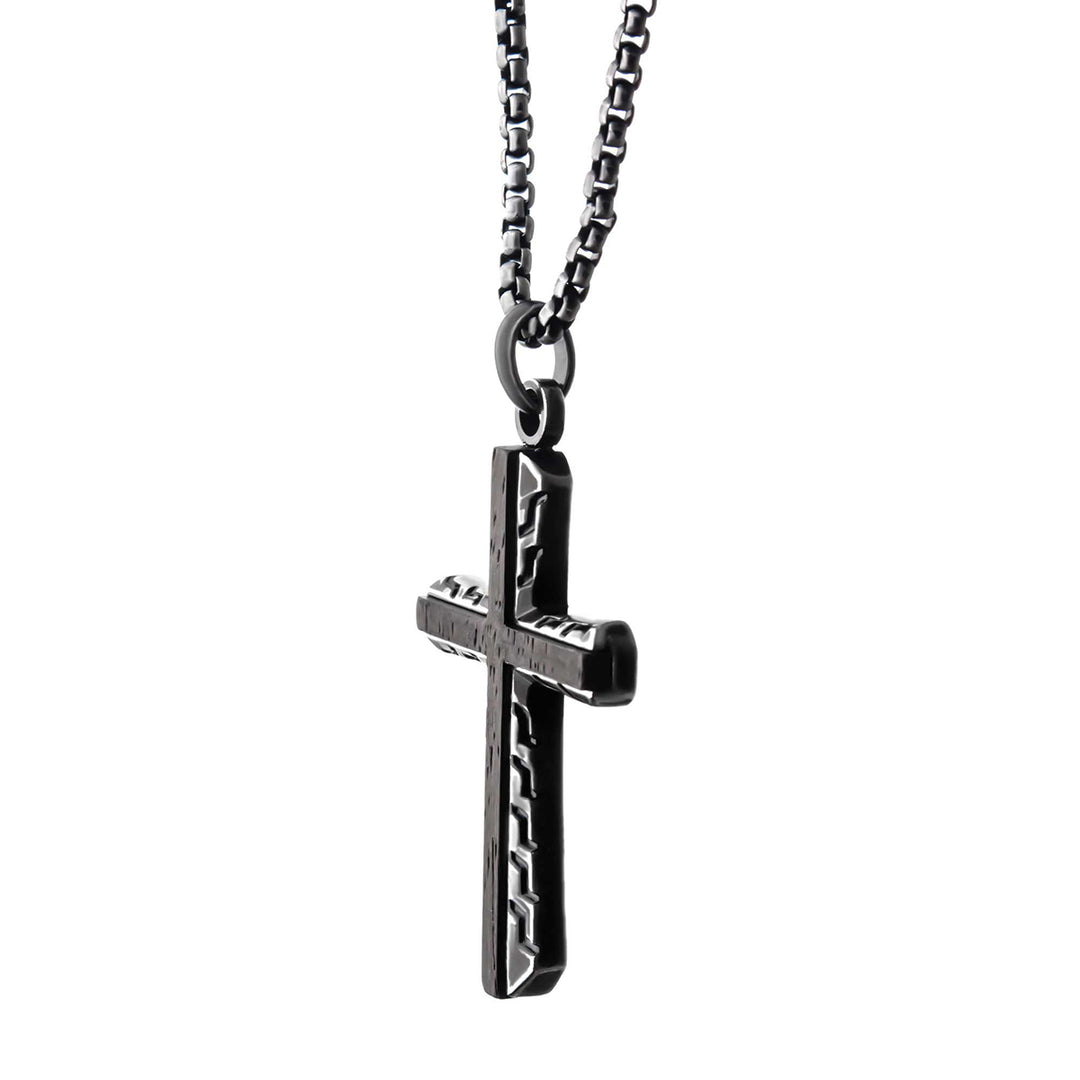 Antique Gun Metal Sepulchre Genuine Ebony Wood Inlayed Cross Pendant