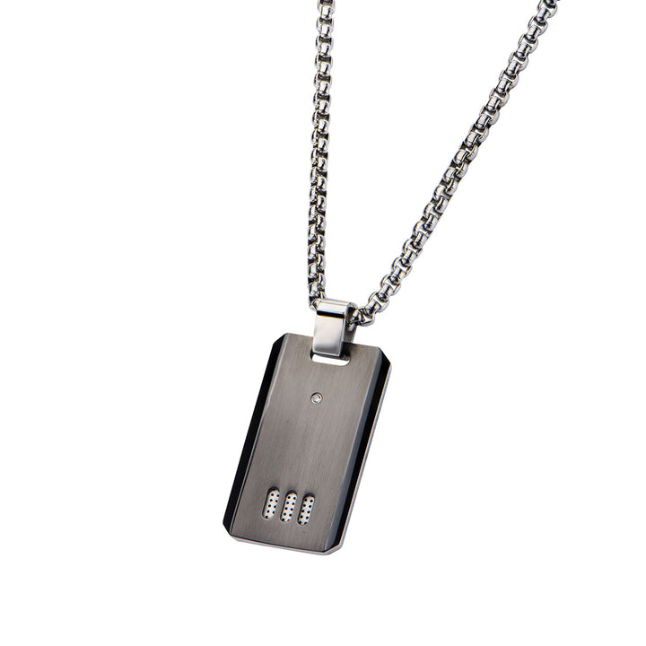 Black IP Gun Metal Finish with CZ Dog Tag Pendant with Chain