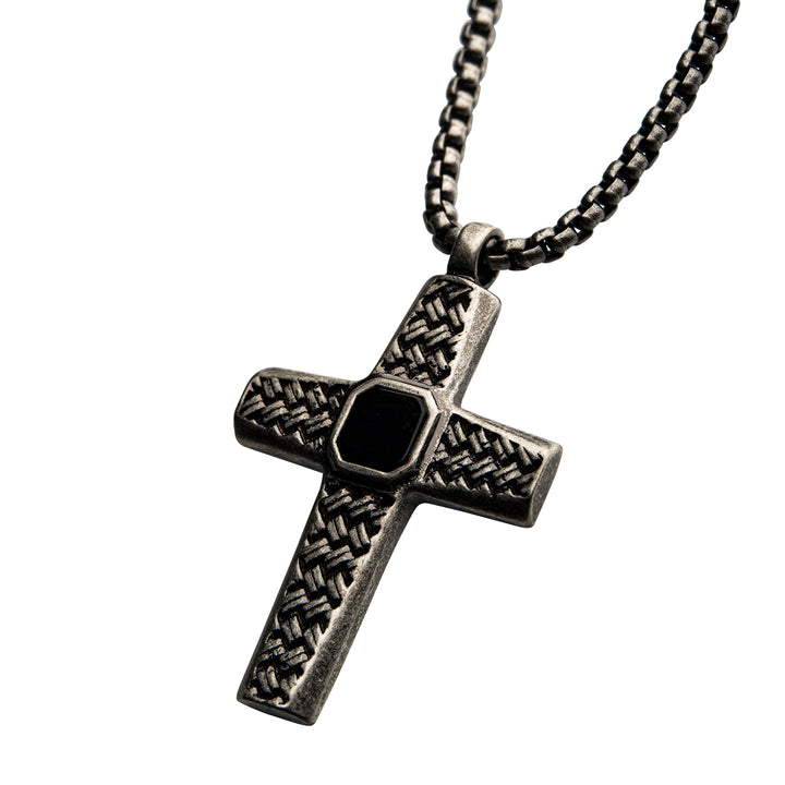 Stainless Steel Silver IP Cross Pendant with Black Agate Stone