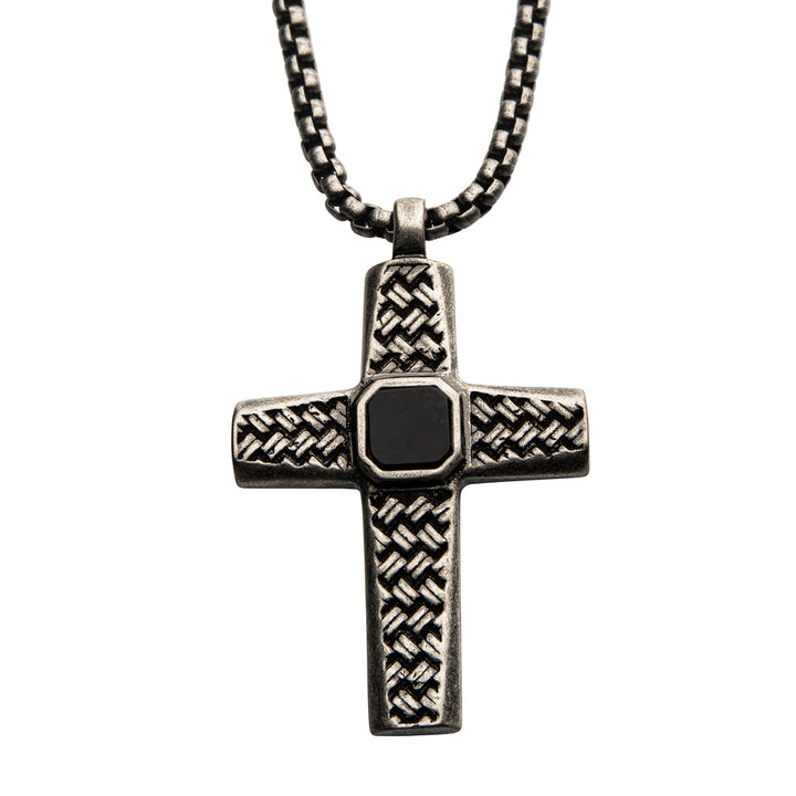 Stainless Steel Silver IP Cross Pendant with Black Agate Stone