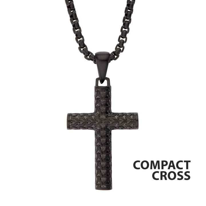 Black IP Matte Finish Steel Scale Cross Drop Pendant