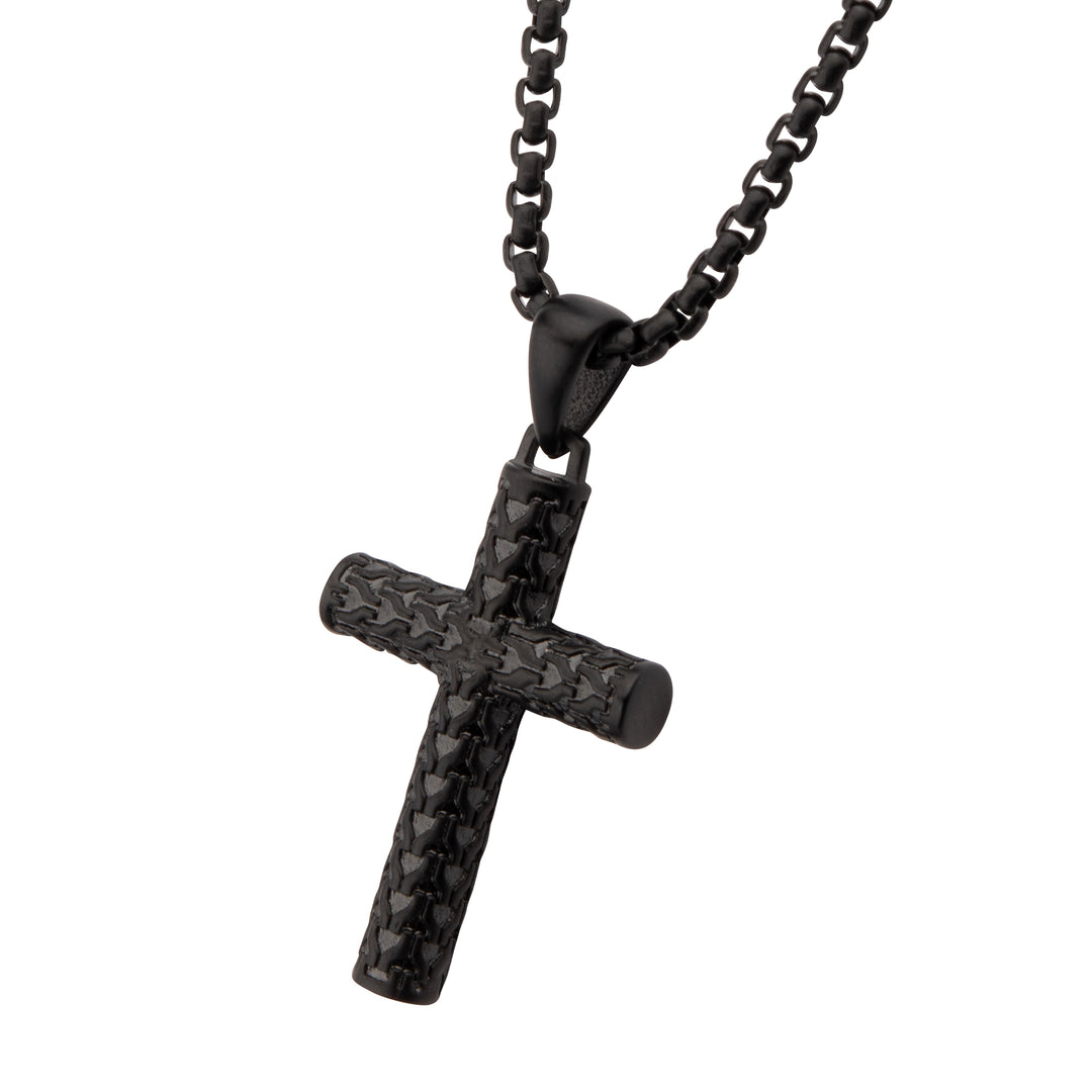 Black IP Matte Finish Steel Scale Cross Drop Pendant