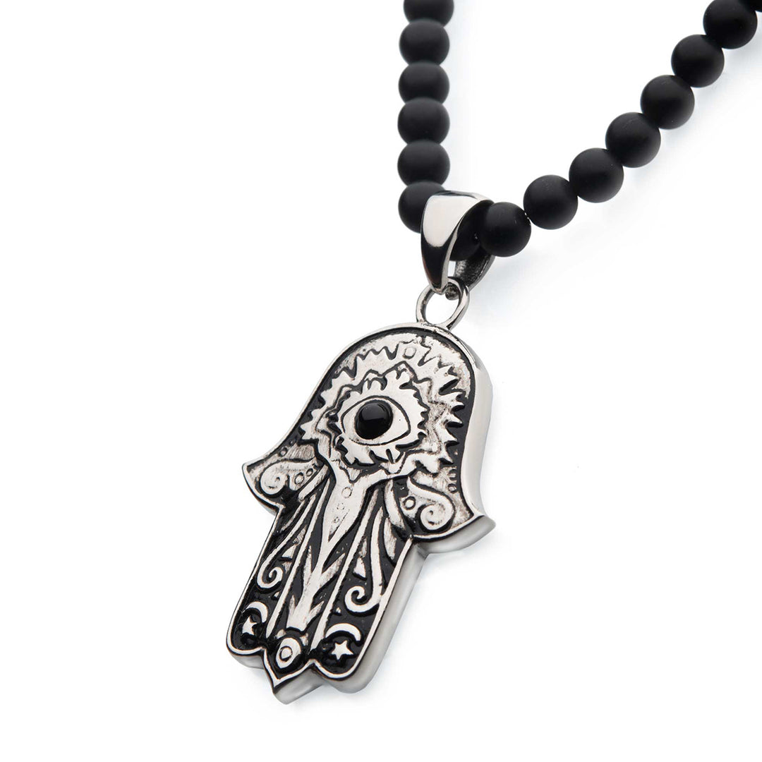 Stainless Steel with Centerpiece Black Agate Stone Hamsa Pendant, with Black Agate Stone Bead Necklace