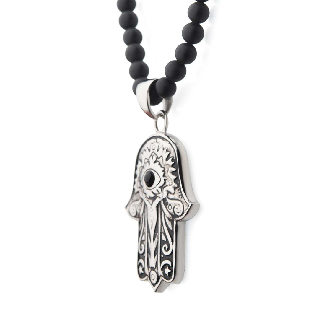 Stainless Steel with Centerpiece Black Agate Stone Hamsa Pendant, with Black Agate Stone Bead Necklace