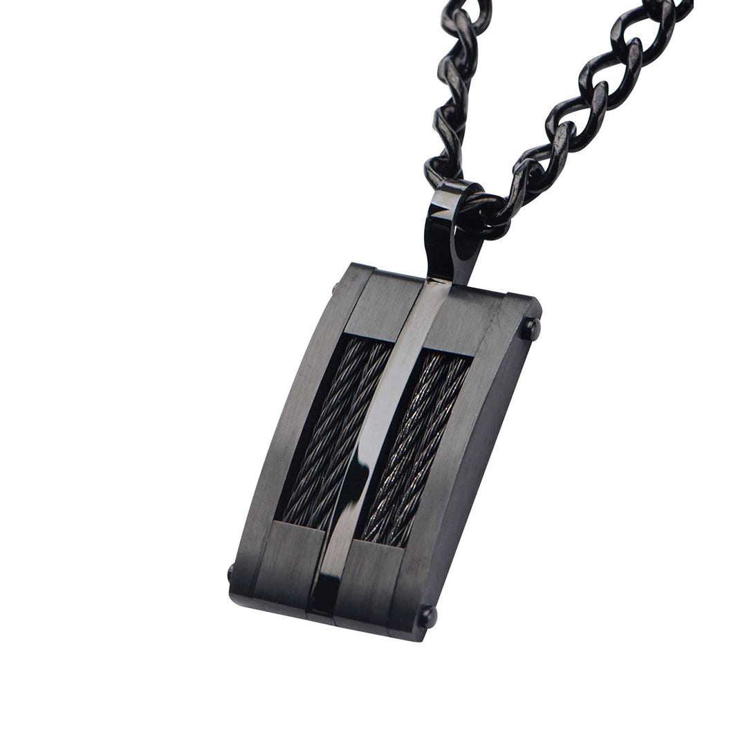 Black IP & Cable Inlayed Dog Tag Pendant with Chain