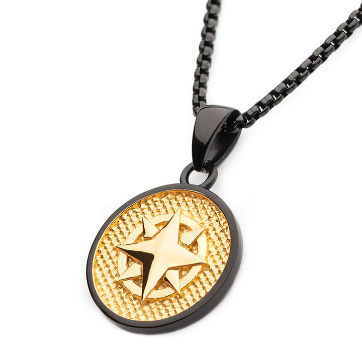 18Kt Gold IP Wayfinder Engravable Compass Medallion Pendant with Black IP Box Chains