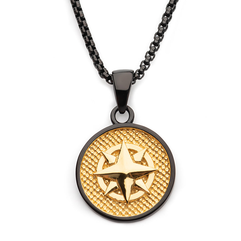 18Kt Gold IP Wayfinder Engravable Compass Medallion Pendant with Black IP Box Chains