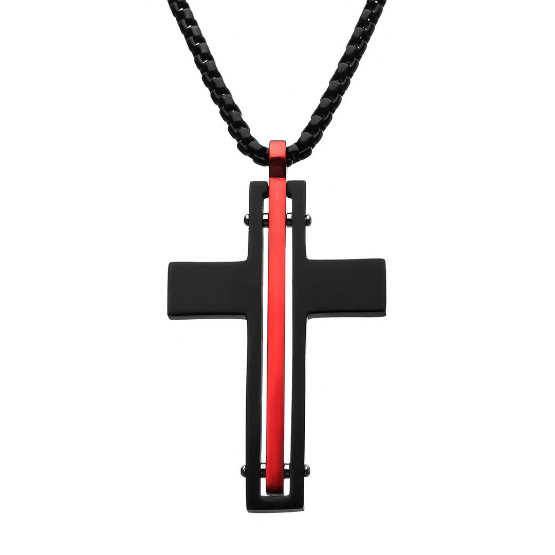 Dante - Black & Red Matte Thin Red Line Cross Pendant with Round Box Chain