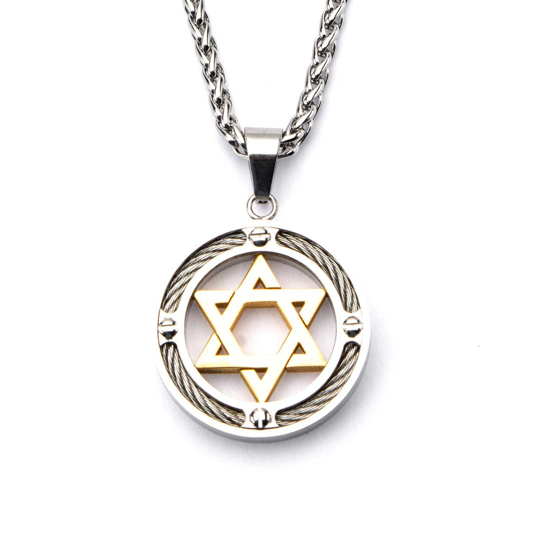 Steel Gold IP Star of David with Cable Inlayed in Circle Pendant