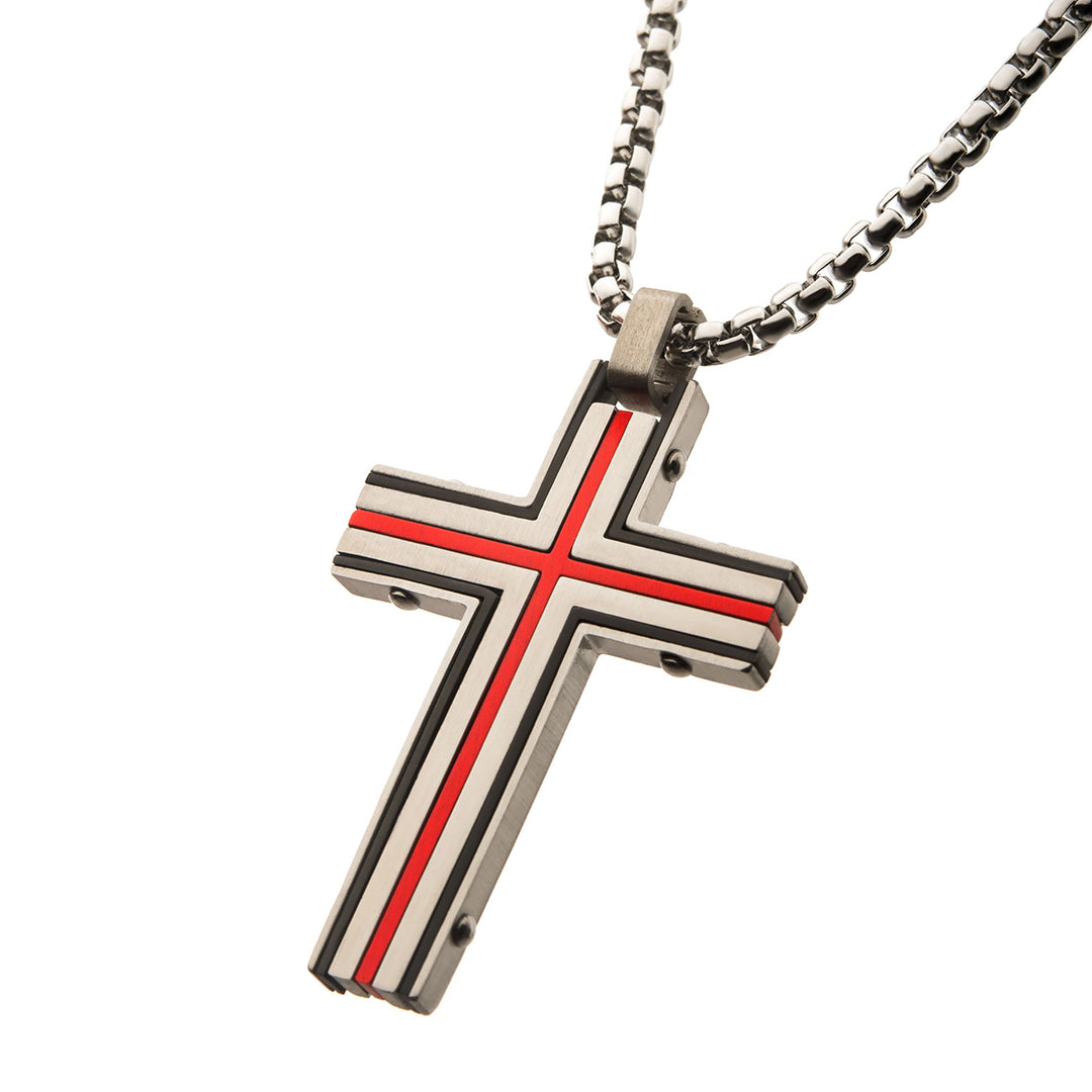 Steel & Red IP Dante Cross Pendant with Chain