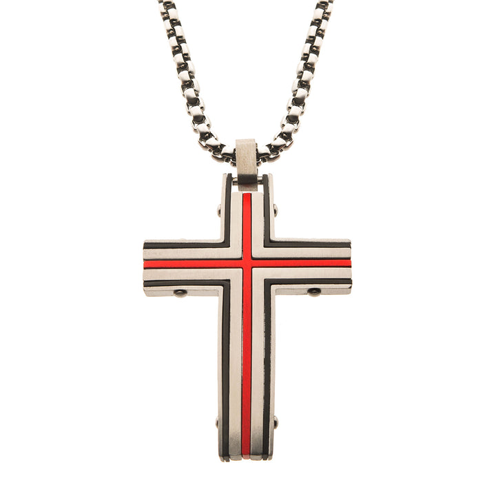 Steel & Red IP Dante Cross Pendant with Chain