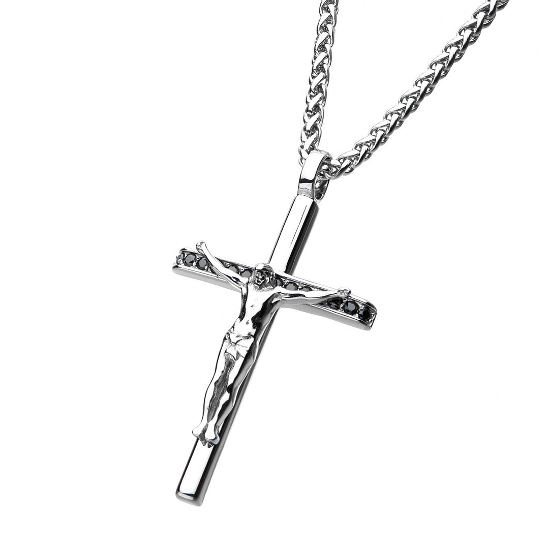 Stainless Steel with Black CZ Jesus Christ Crucifix Cross Pendant with Wheat Chain