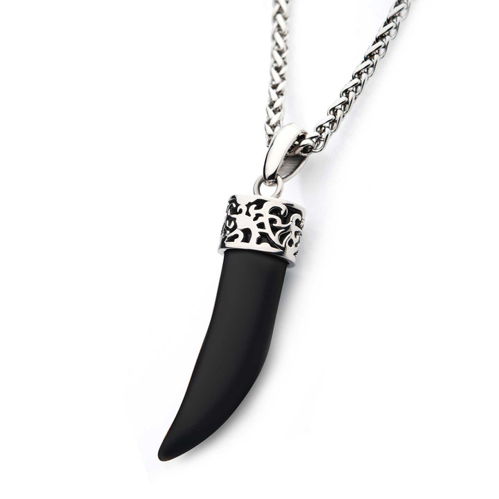 Stainless Steel with Black Agate Stone Horn Pendant, with Steel Wheat Chain