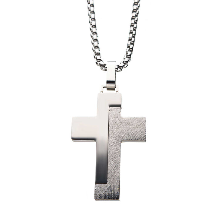 Modern Block-Textured Stainless Steel Cross Pendant