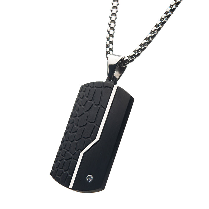 Stainless Steel Thin Line Crocodile Dog Tag Pendant with 2mm Clear CZ & Steel Chain