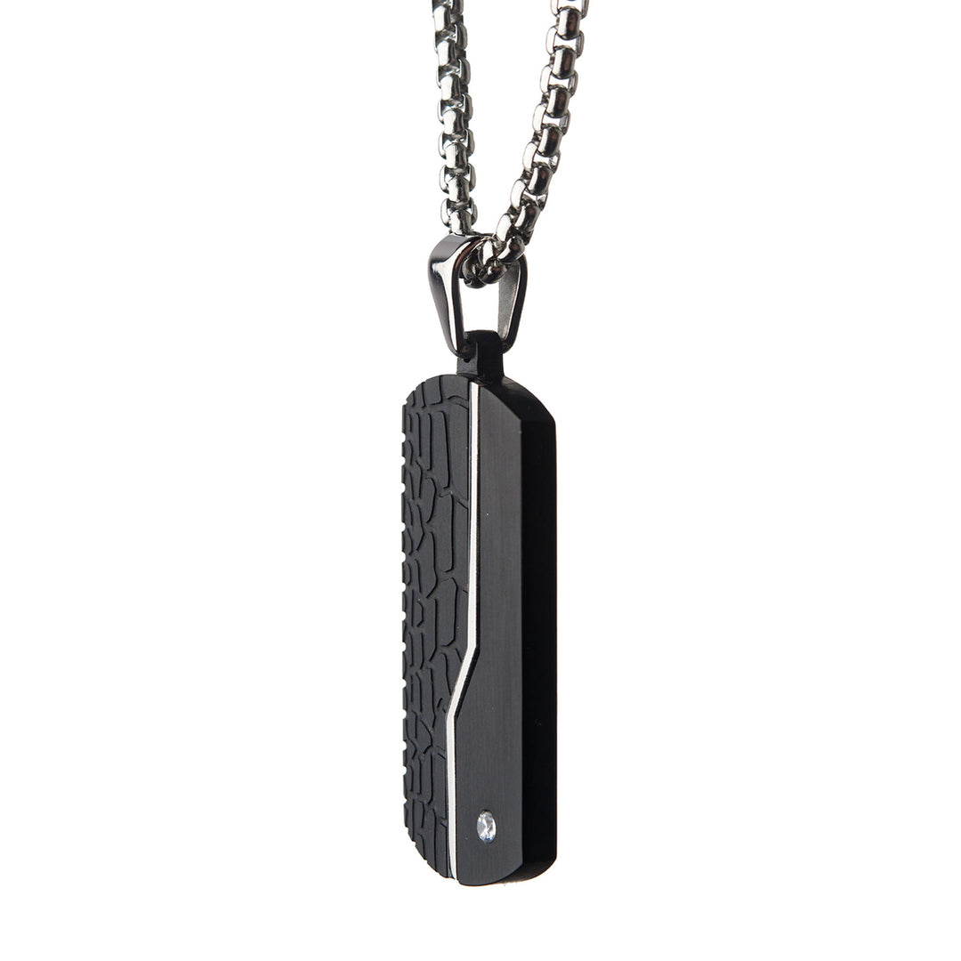 Stainless Steel Thin Line Crocodile Dog Tag Pendant with 2mm Clear CZ & Steel Chain