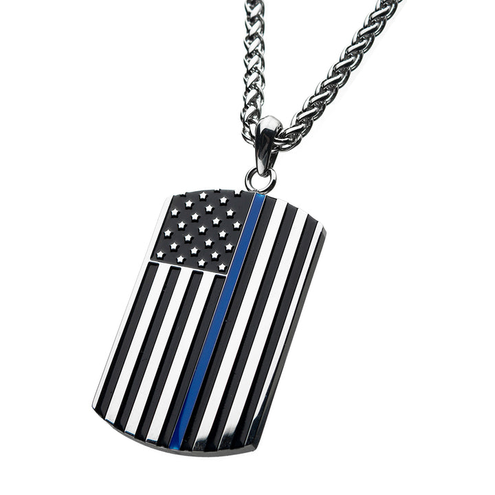 Thin Blue Line American Flag Police Officer Military Style Dog Tag Enamel Pendant