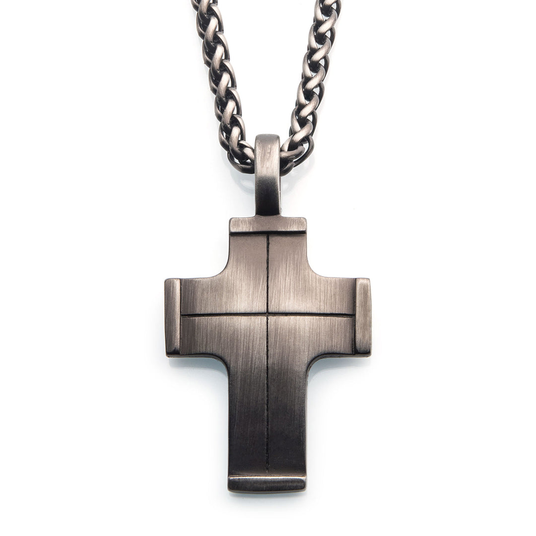 Gun Metal IP Cross Pendant with Steel Wheat Chain