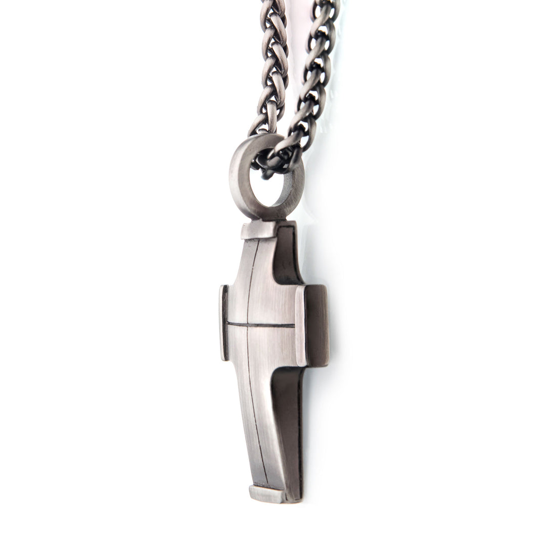 Gun Metal IP Cross Pendant with Steel Wheat Chain